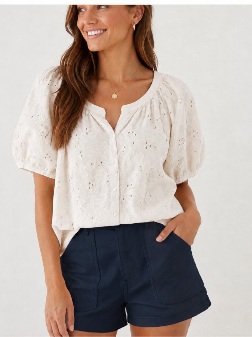 Calypso St. Barth Embroidered Eyelet Puff Sleeve Blouse Off White